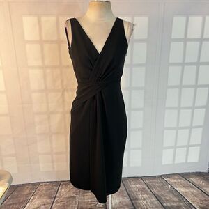 Elie Tahari black sleeveless v neck attached wrap formal cocktail dress size 4